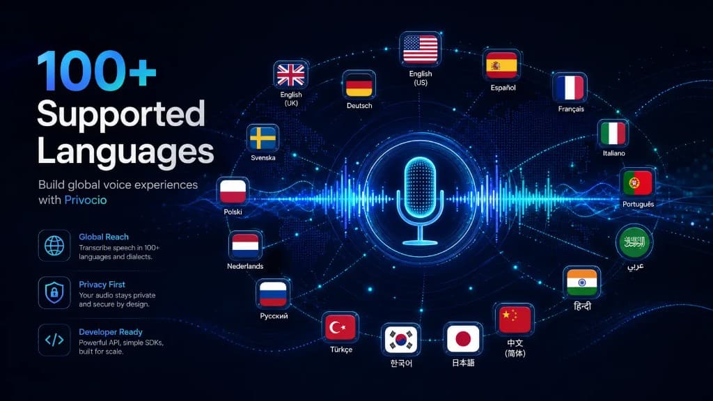 Global voice to text illustration with sound wave and supported language flags around a microphone