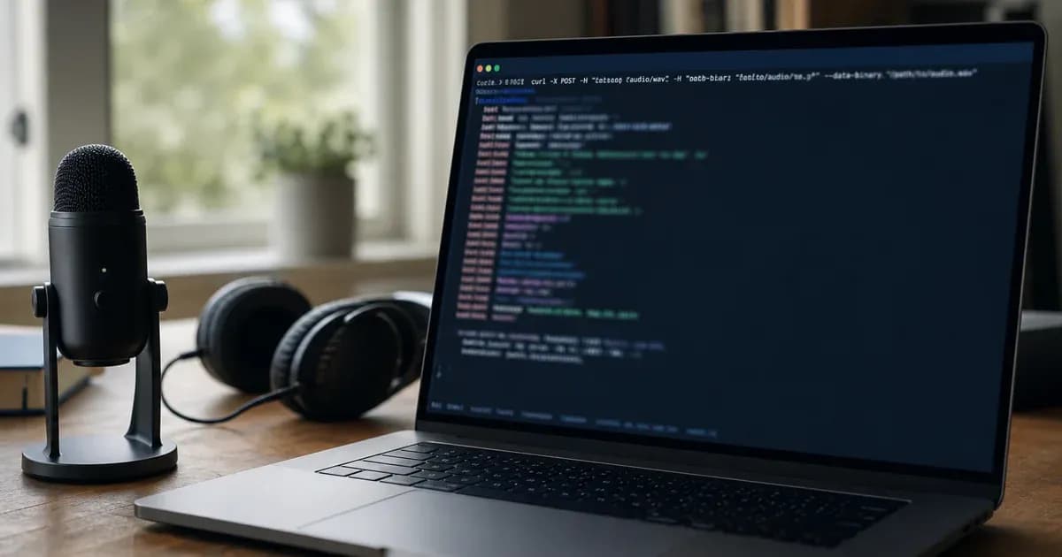 Developer terminal on laptop running curl to upload audio for speech-to-text transcription