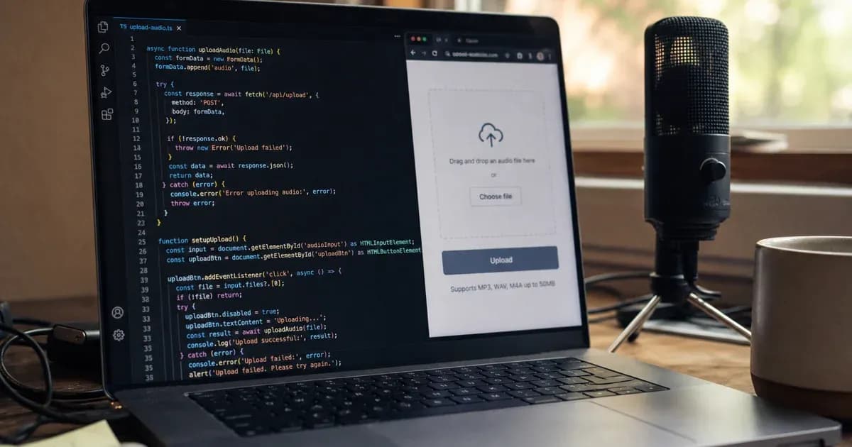 JavaScript developer workspace with code editor and desktop microphone for speech-to-text API integration