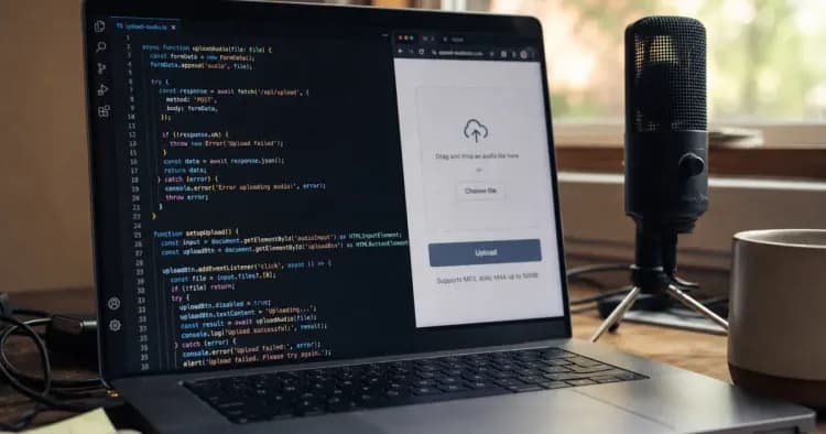 JavaScript developer workspace with code editor and desktop microphone for speech-to-text API integration