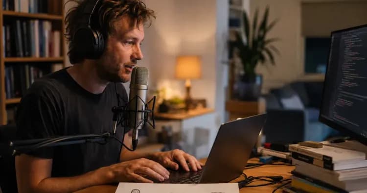 Developer speaking into a microphone with voice-to-agent workflow sketch on desk
