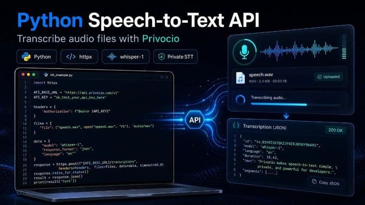 Python Speech-to-Text API tutorial with httpx code example and Privocio transcription workflow