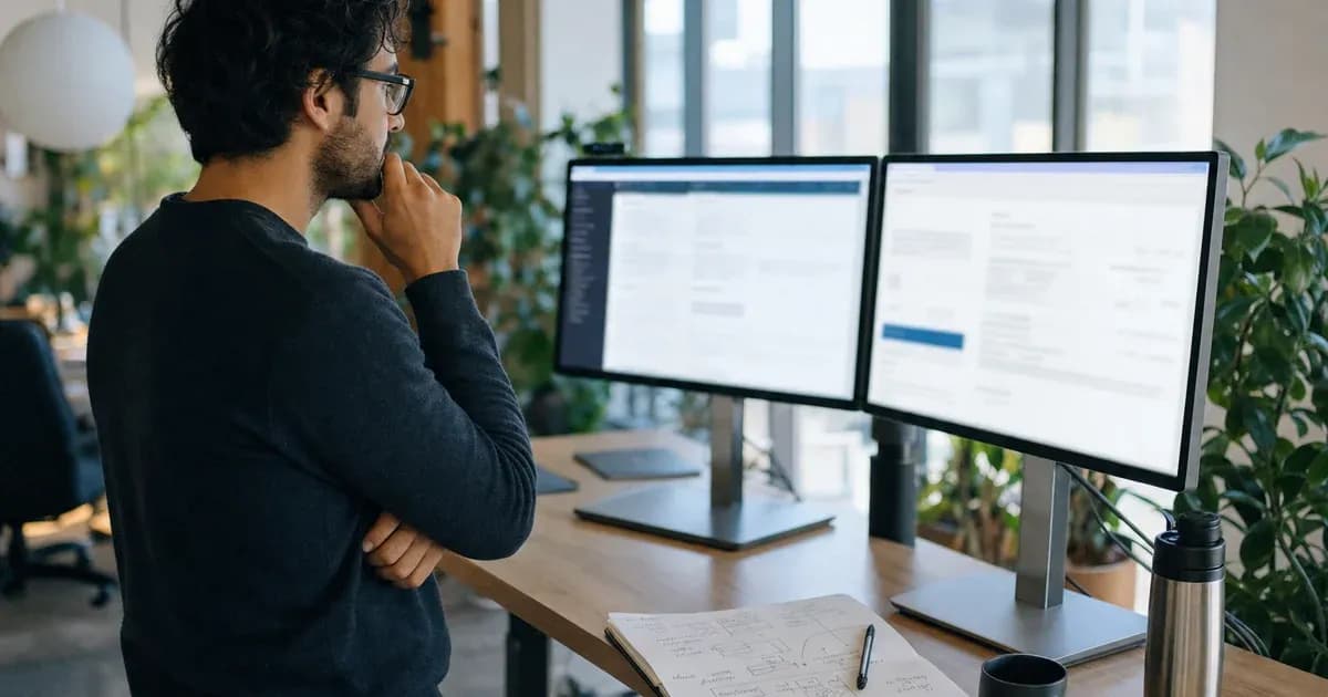 Engineer comparing speech-to-text migration options at a standing desk with handwritten notes